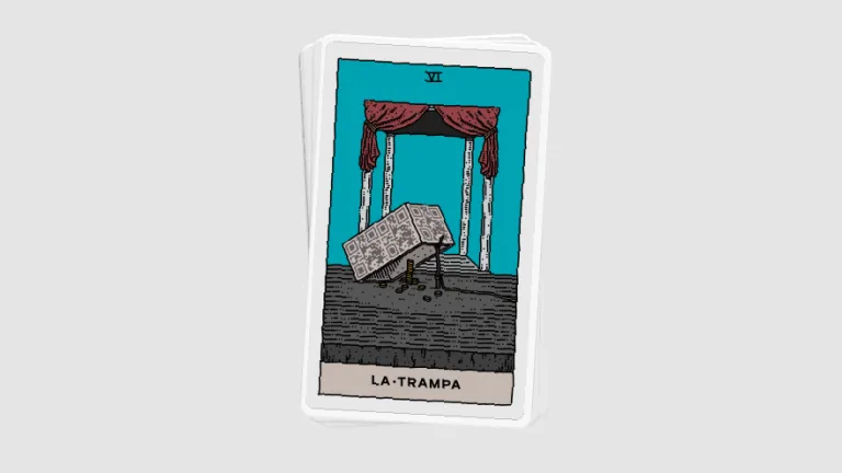 una carta con alguien undido abajo de un qr, dice "la trampa"