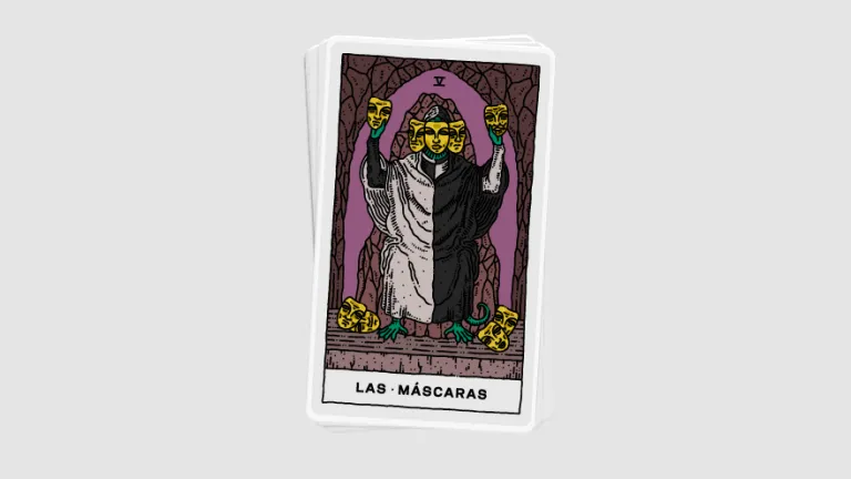 una carta con una persona que tiene muchas mascaras