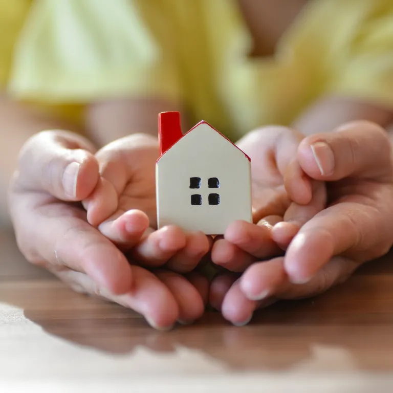 la mano de un niño y un padre agarrando una casa de juguete