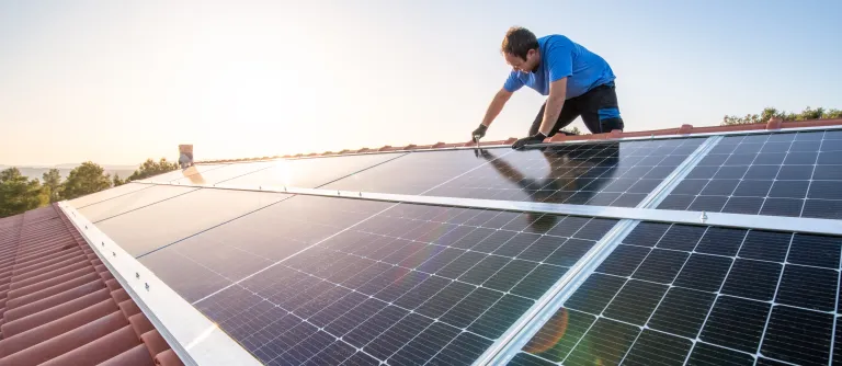 hombre instalando paneles solares en una casa
