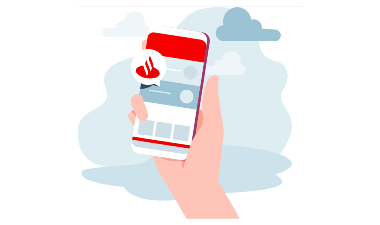 mano sosteniendo un teléfono con la app Santander abierta